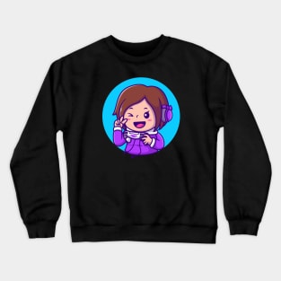 Cute Girl Gaming Holding Joystick With Hand Peace Crewneck Sweatshirt